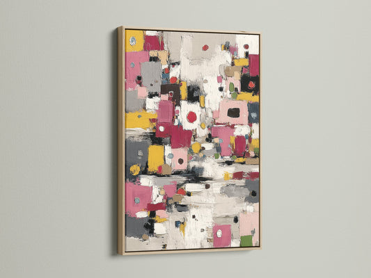 Abstract colorful artwork in an oak frame hangs on a white wall. The modern geometric print adds vibrancy to any room. Contemporary pink yellow decor creates a stylish focal point. Perfect for home or office.