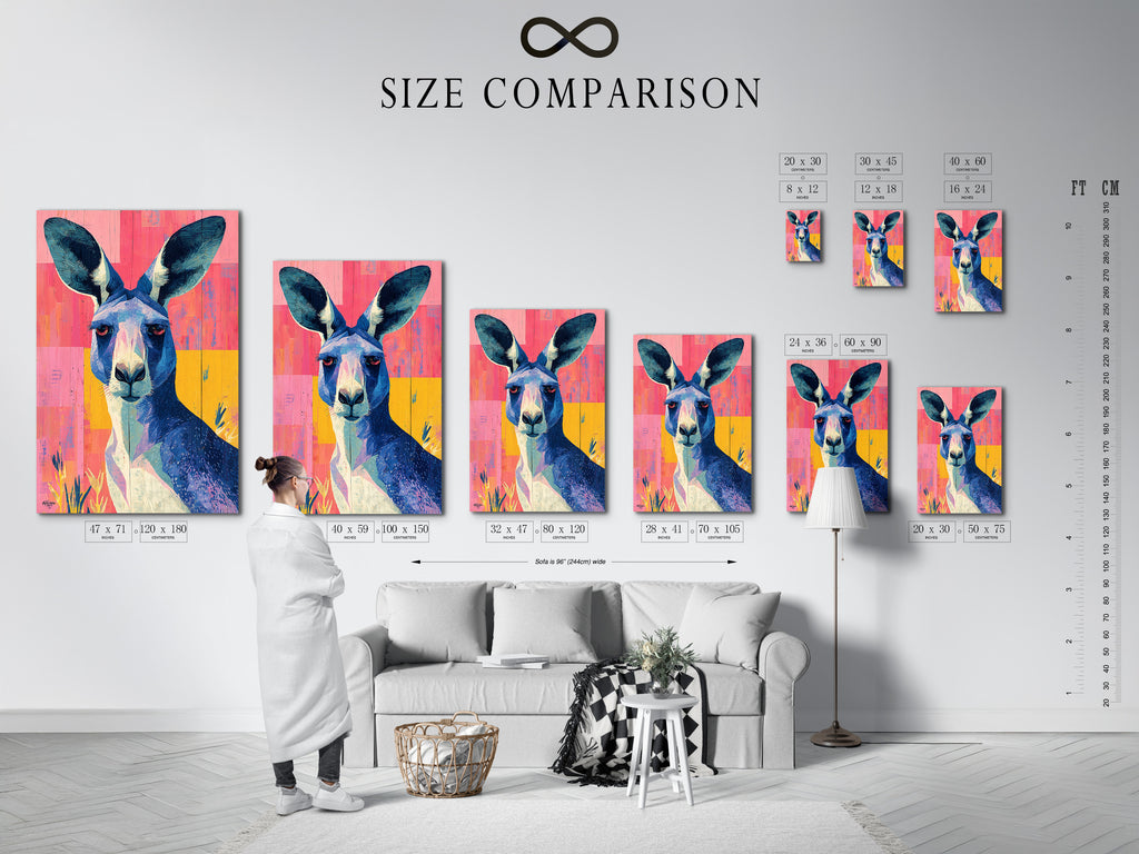 Size comparison chart displayed in an interior. This chart helps visualize artwork. It will help you choose the perfect size. Ensure a perfect fit for your space.