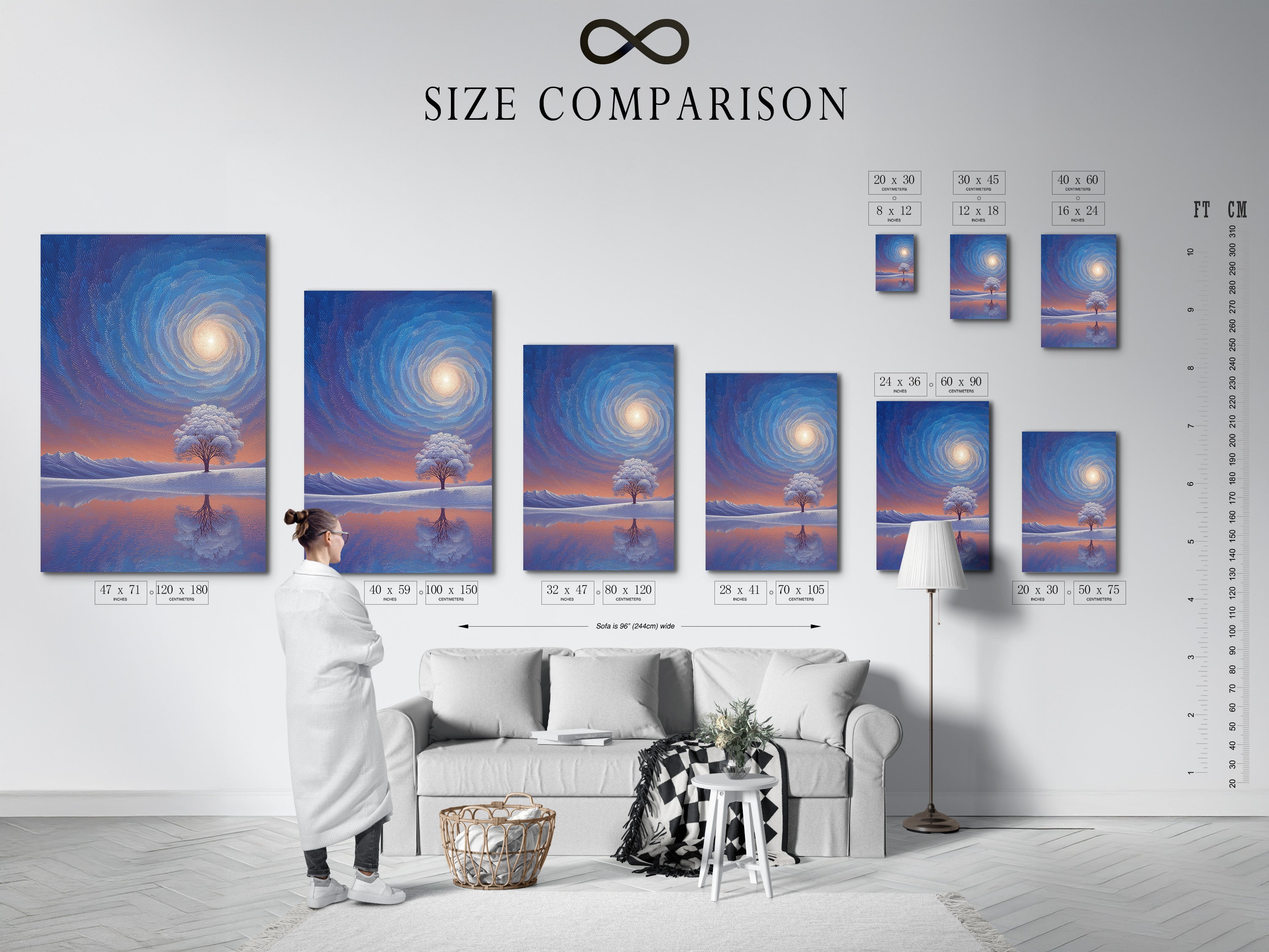 A size comparison chart displayed in an interior setting. The chart helps visualize art print dimensions. See how different sizes fit various wall spaces. It is perfect for planning your home gallery or office decor. Choose the ideal size to maximize your artwork's impact. Get the perfect fit for your space.