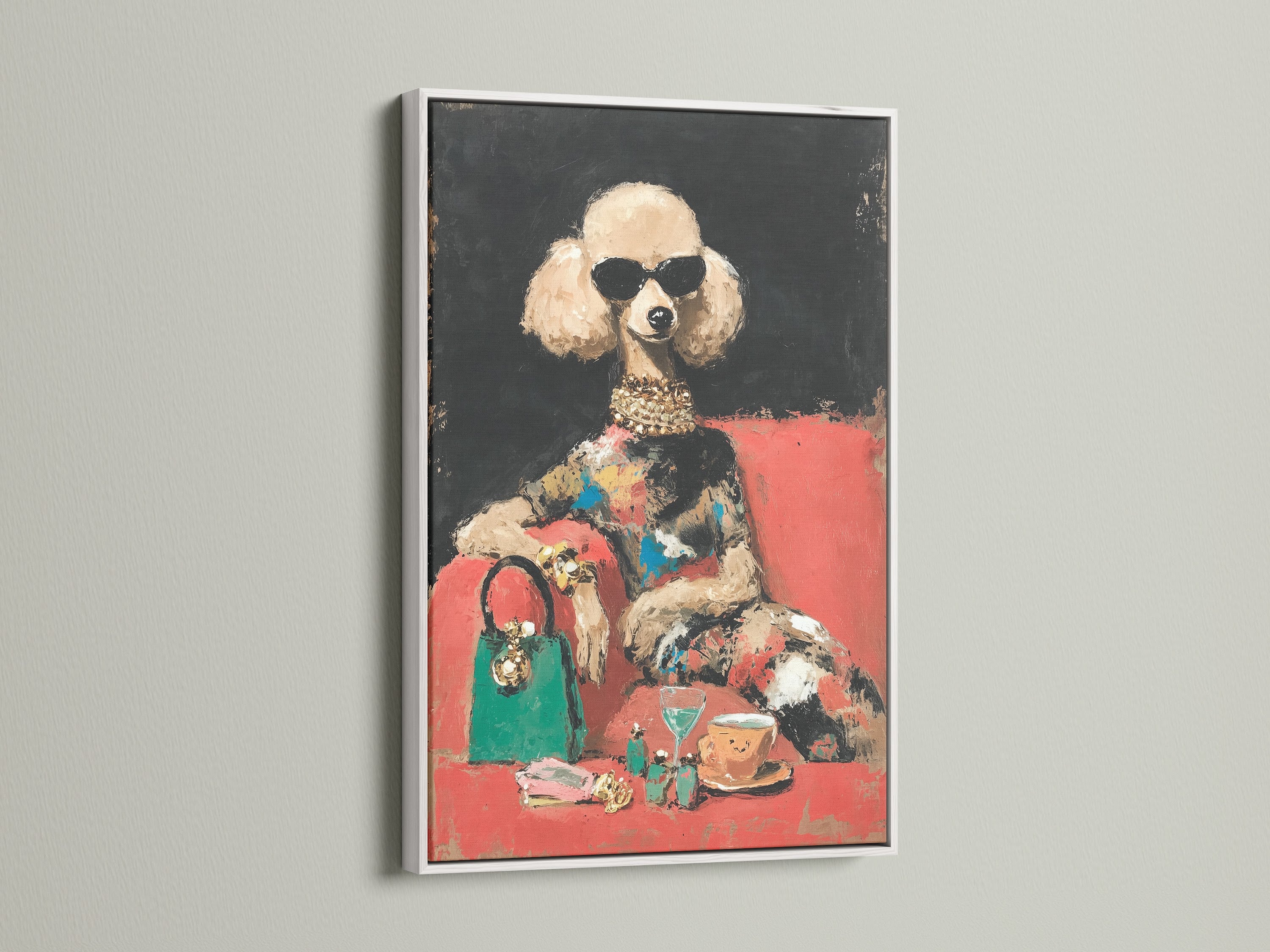 Chic fashion dog art in a white frame. This glamorous poodle artwork brings a touch of Art Deco to your space. Perfect for boutique wall art this stylish pet print is a must-have.