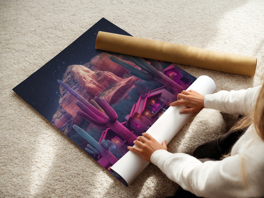 A woman is carefully rolling a fine art poster paper print. This print features neon cactus artwork with a desert landscape. Get ready to elevate your home wall decor with this vibrant southwest style. It is perfect for modern and eclectic interiors.