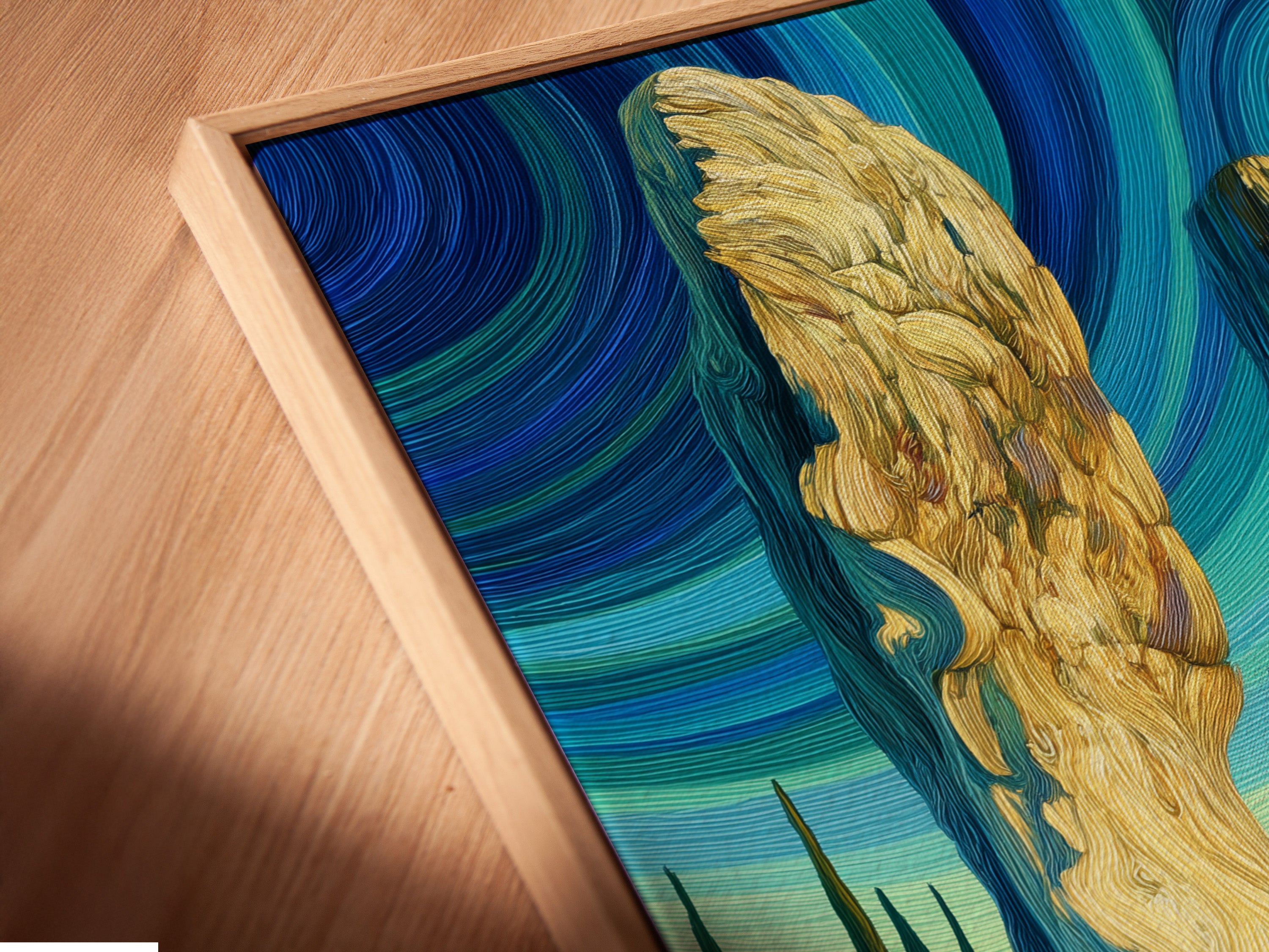 A close-up angled view shows a canvas print in a floating frame. The artwork is of a mystical landscape with an ancient stone circle. The floating frame enhances the artwork. It's a great choice for elevated neutral wall art.