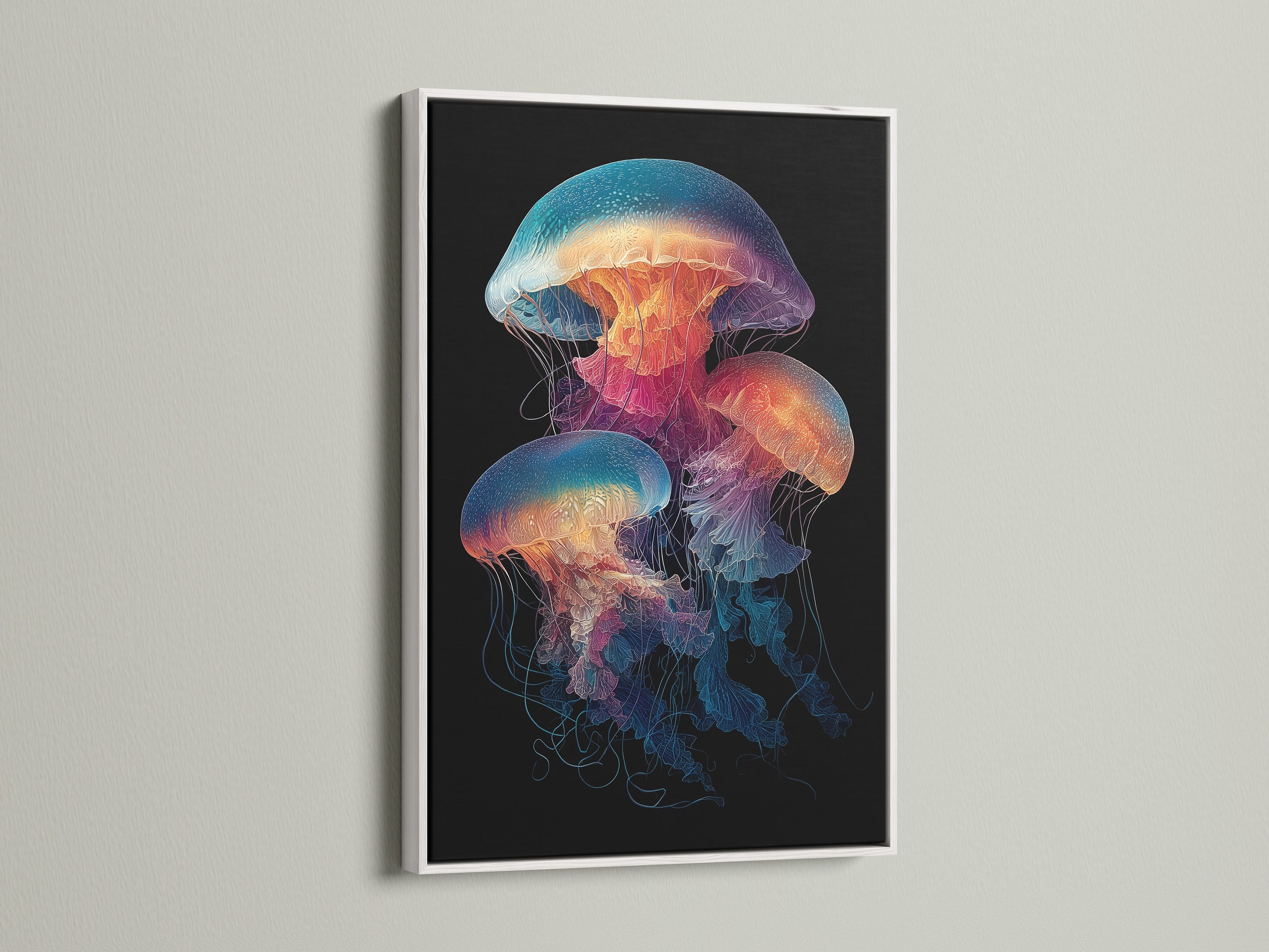 The jellyfish poster is beautifully framed in white. This nautical wall art adds a fresh touch to any room. The vibrant ocean art is perfect for bathroom decor living room wall decor or office wall art. The sea creature art is a great way to elevate your space with coastal and tropical style.