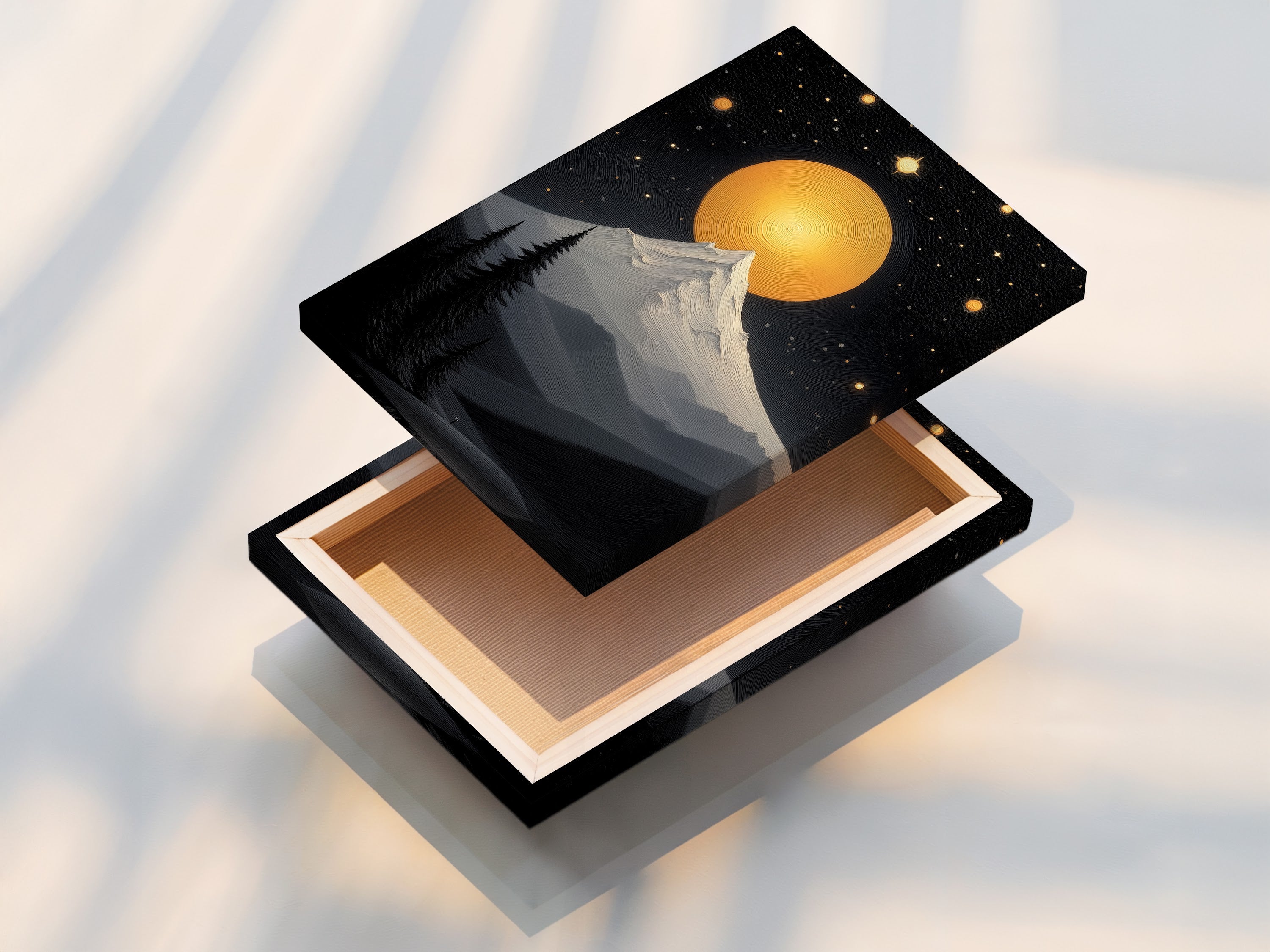 A beautifully stretched canvas print of a mountain moon. This celestial wall art is ready to hang. The cosmic landscape is perfect for bedroom wall decor. Add a modern touch to your home with this stunning nature photography piece.