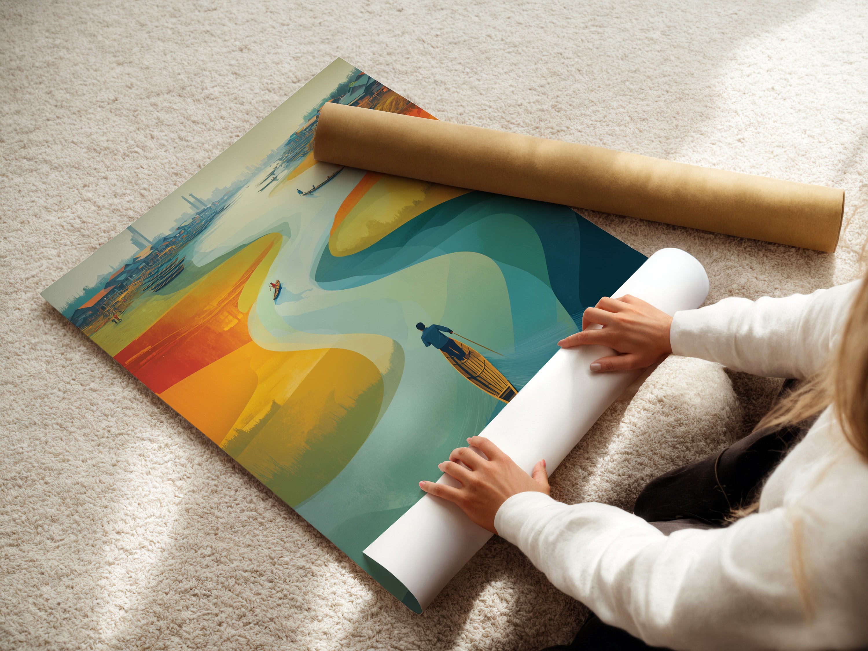 Woman carefully rolls fine art poster paper. This ensures protection during shipping. The paper is high-quality. It preserves the artwork's integrity. Your art arrives in perfect condition. We take care in every step.