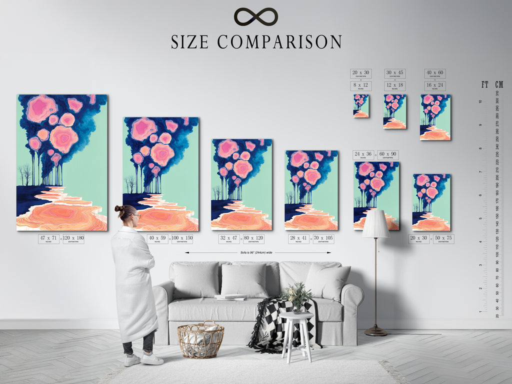 An interior shot features a size comparison chart for our wall art options. This chart helps visualize the perfect fit for your space. Compare sizes for stretched canvas prints fine art poster paper and floating frame options. Make an informed decision for your living room wall art or bedroom decor. Find the ideal size for your surreal landscape artwork.
