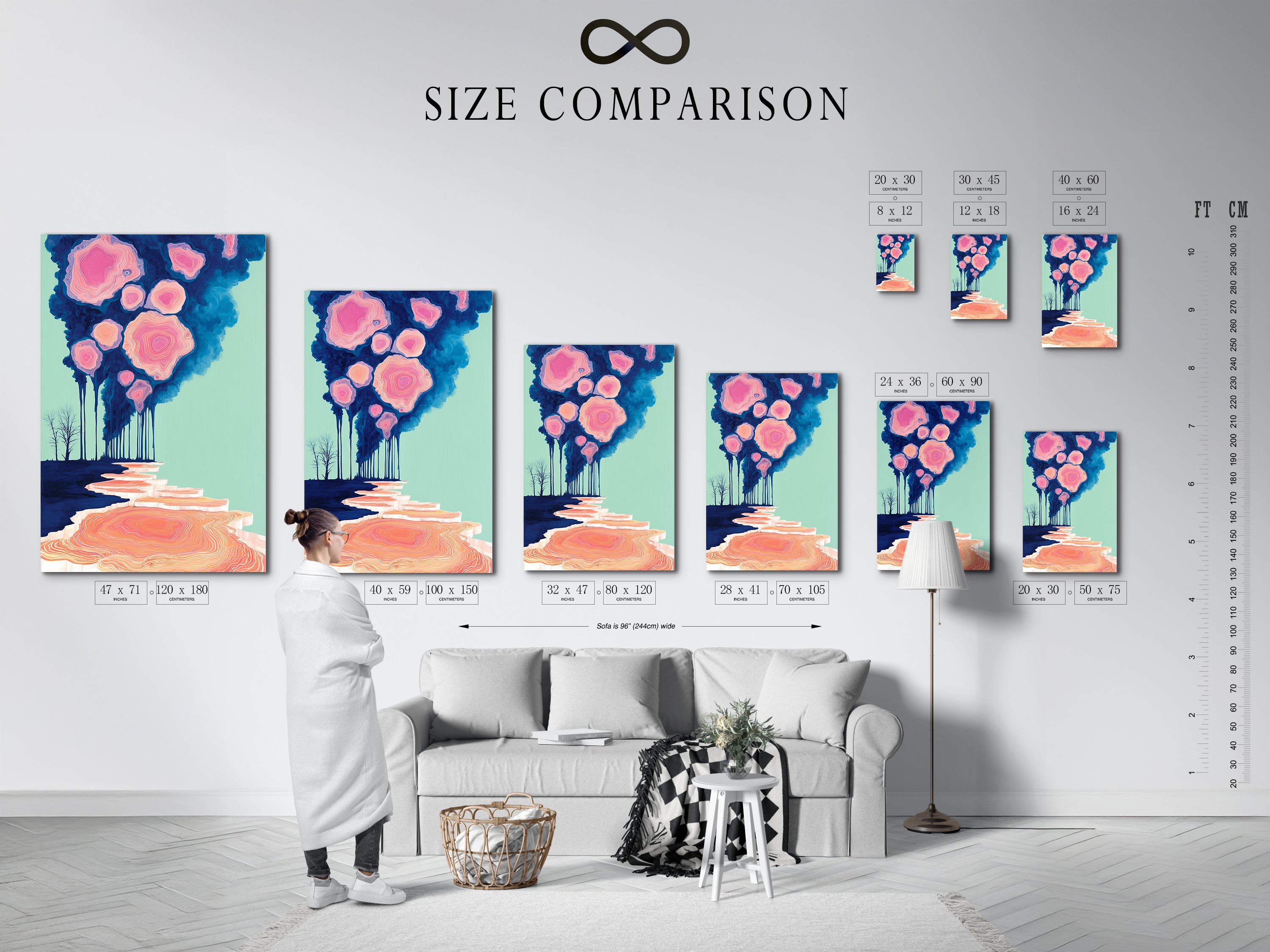 An interior shot features a size comparison chart for our wall art options. This chart helps visualize the perfect fit for your space. Compare sizes for stretched canvas prints fine art poster paper and floating frame options. Make an informed decision for your living room wall art or bedroom decor. Find the ideal size for your surreal landscape artwork.