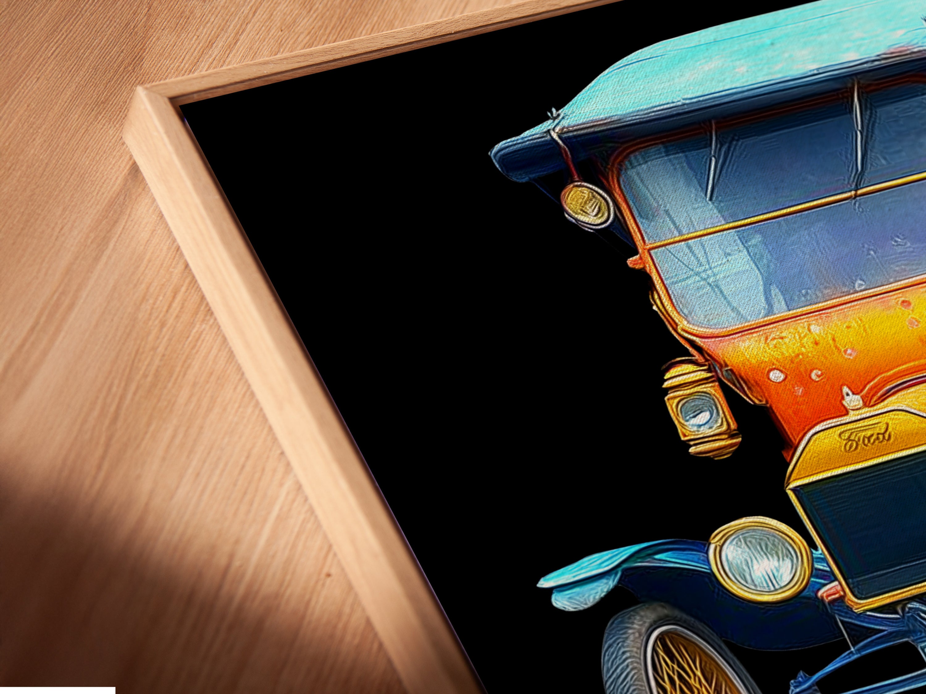 Close-up angled view of a canvas print in floating frame. The vintage car artwork enhances any space. Perfect for office wall decor or a man cave. This automobile art is a great gift for car enthusiasts.