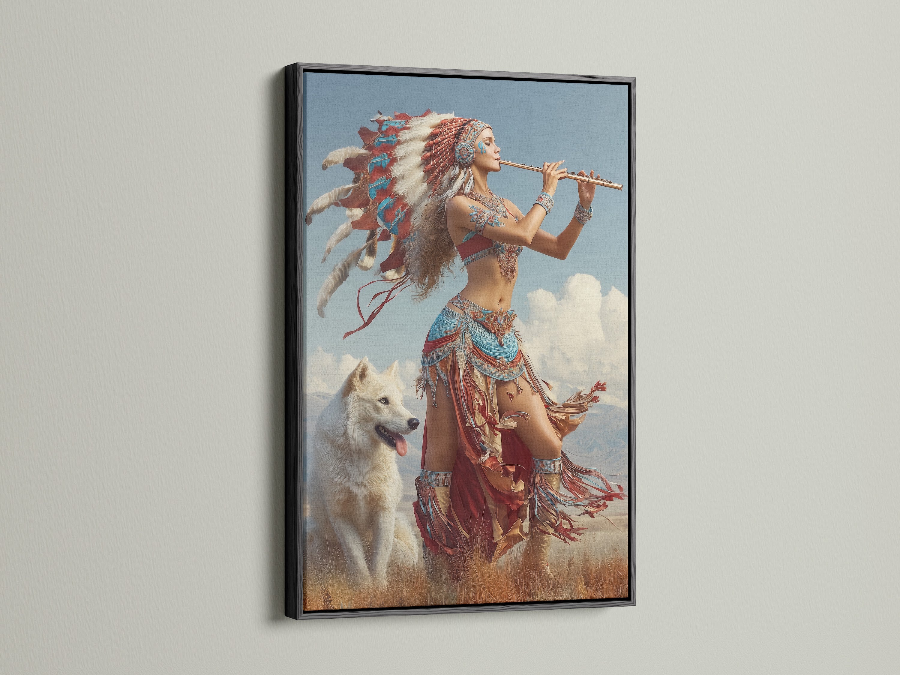 Artwork in a classic black frame. The art features a woman in Native American dress playing flute with a wolf. The black frame adds sophistication and makes the colors pop. A timeless choice for your home.