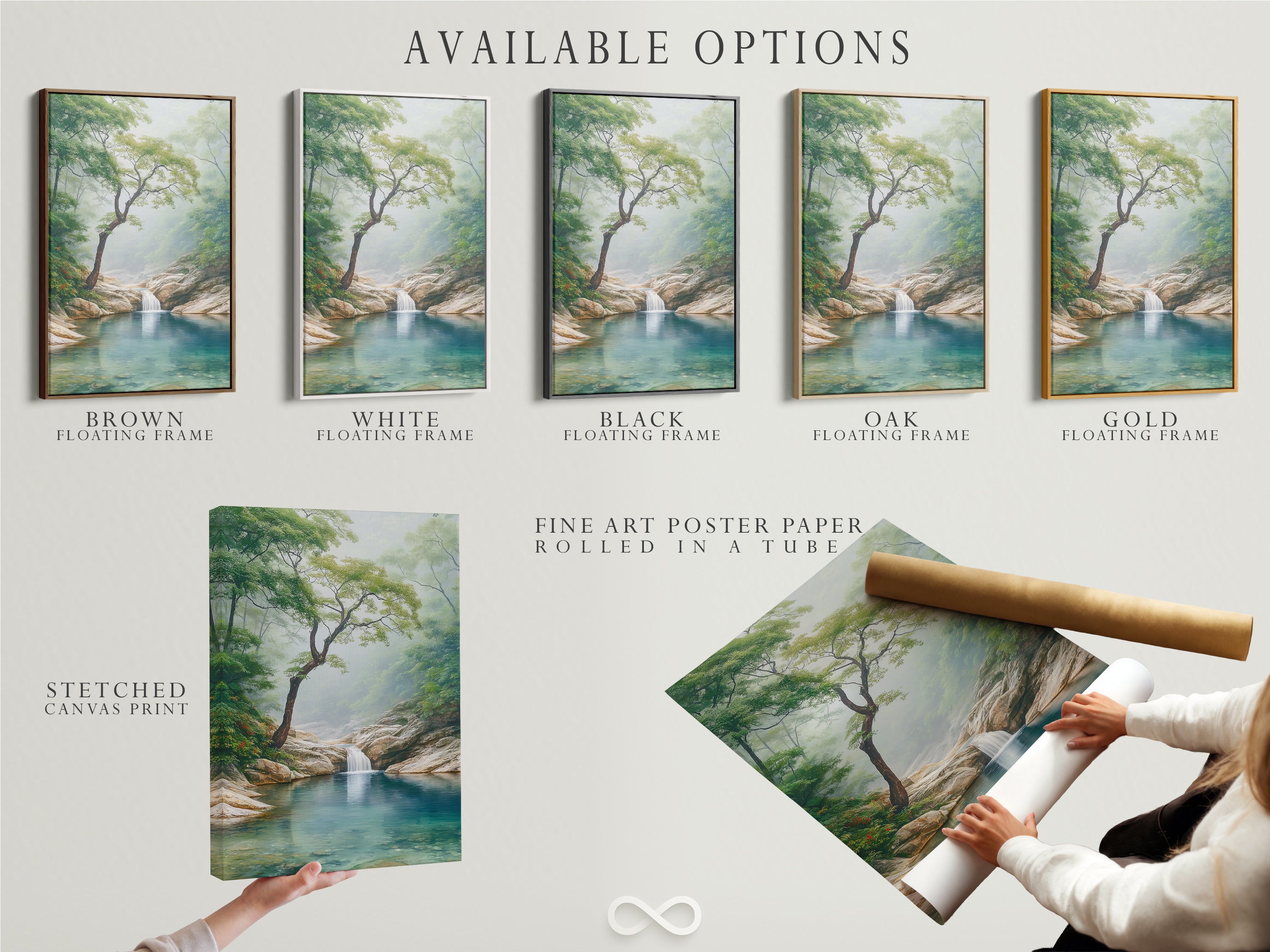 Available options for waterfall art. Choose from stretched canvas print fine art poster paper or floating frame. Customize your artwork to match your decor. Find the perfect style for your nature print. Enhance your space with serene and modern wall decoration.