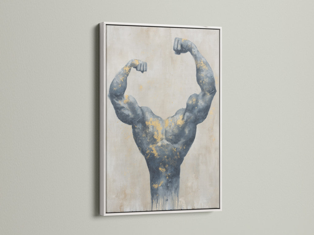 Bodybuilder art in a white frame. This muscle canvas print brings a fitness theme to any space. Gray and gold artwork adds a modern touch. Great for home gyms or minimalist decor styles.