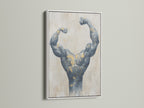 Bodybuilder art in a white frame. This muscle canvas print brings a fitness theme to any space. Gray and gold artwork adds a modern touch. Great for home gyms or minimalist decor styles.