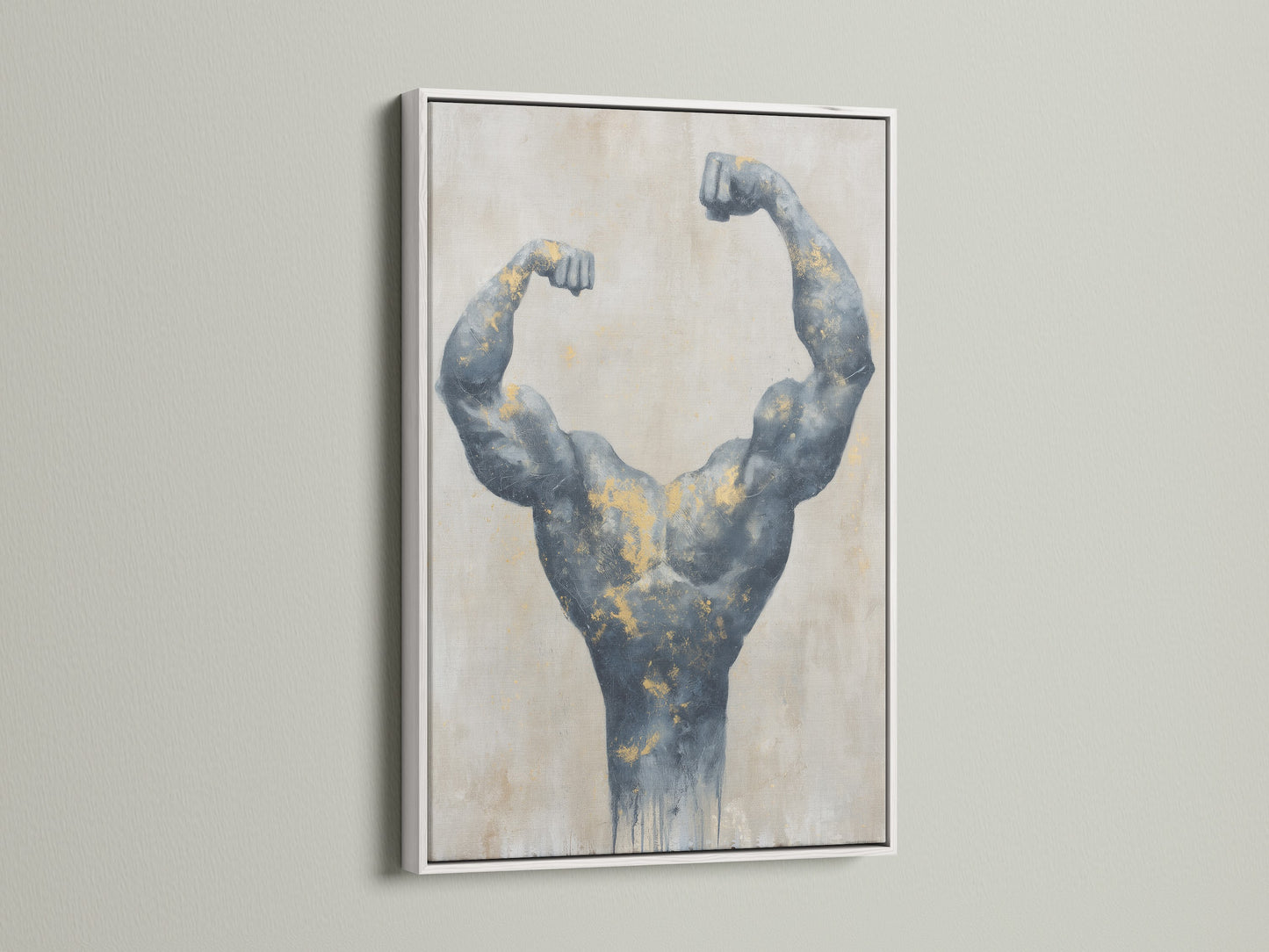 Bodybuilder art in a white frame. This muscle canvas print brings a fitness theme to any space. Gray and gold artwork adds a modern touch. Great for home gyms or minimalist decor styles.