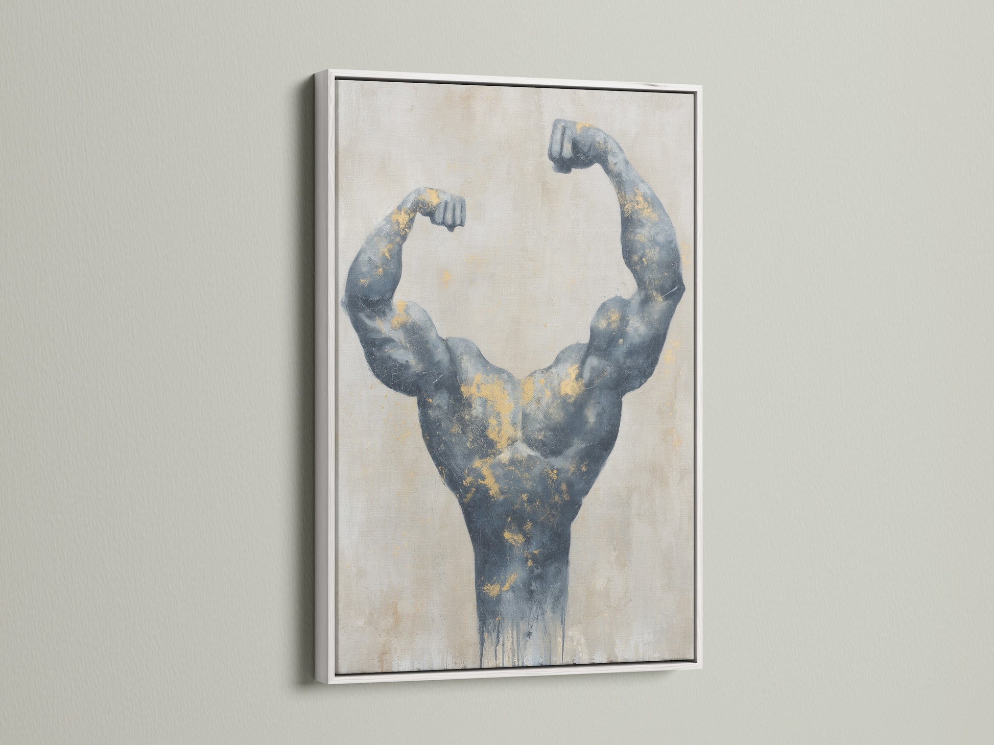 Bodybuilder art in a white frame. This muscle canvas print brings a fitness theme to any space. Gray and gold artwork adds a modern touch. Great for home gyms or minimalist decor styles.
