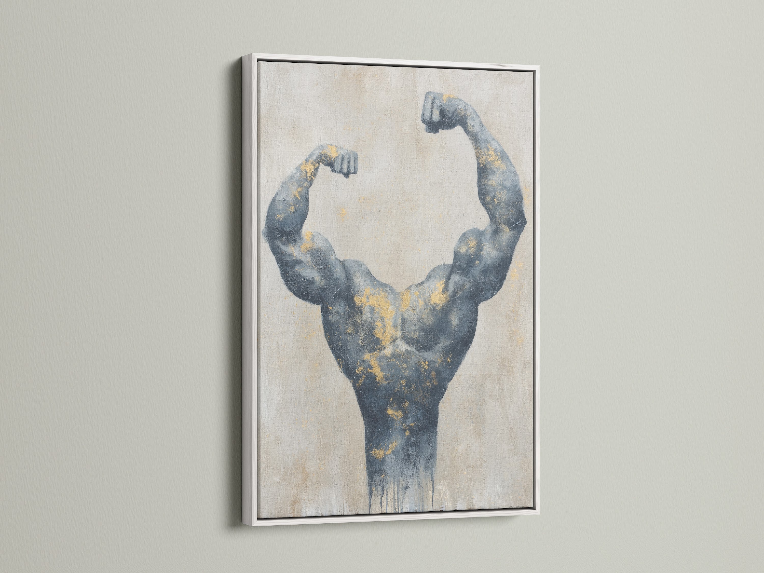 Bodybuilder art in a white frame. This muscle canvas print brings a fitness theme to any space. Gray and gold artwork adds a modern touch. Great for home gyms or minimalist decor styles.