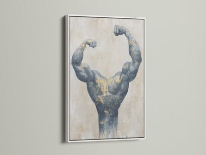 Bodybuilder art in a white frame. This muscle canvas print brings a fitness theme to any space. Gray and gold artwork adds a modern touch. Great for home gyms or minimalist decor styles.