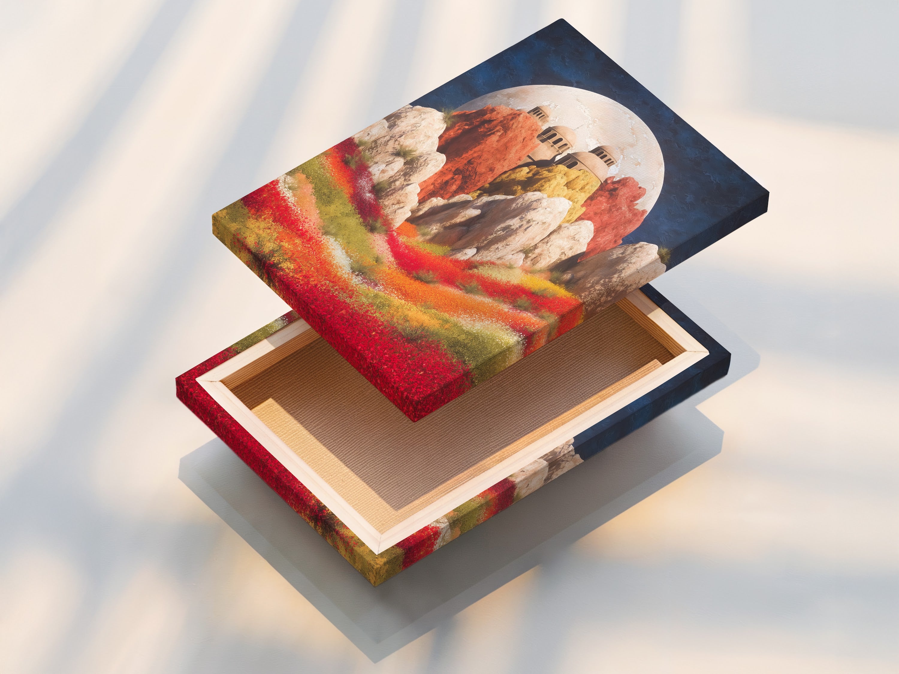 A stretched canvas print displays fantasy landscape artwork. The surreal architecture wall art features a dreamy floral field. It is perfect for gallery owners. This vibrant print elevates living room wall art.