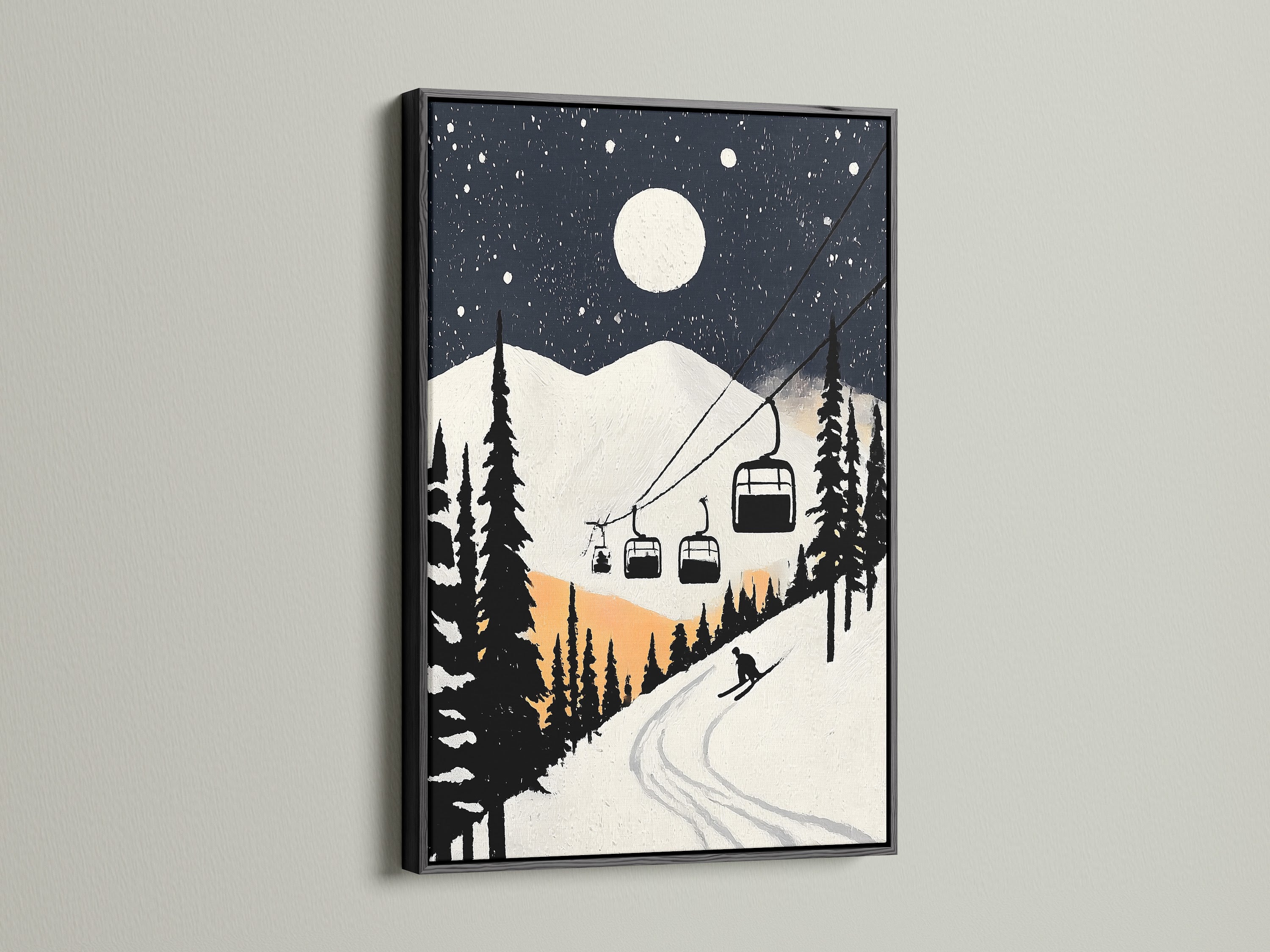Add a touch of sophistication with our Winter Mountain Art. This vintage ski lift poster is framed in a sleek black frame. Perfect for lodge decor. The snowy night scene wall art creates a striking focal point. Ideal for living rooms bedrooms and cabins.