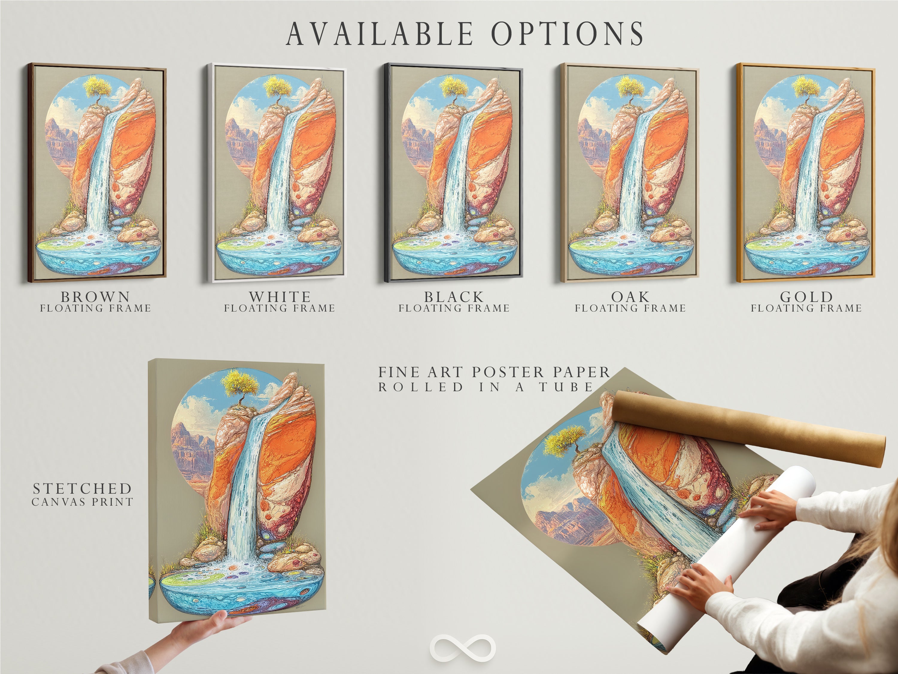 Explore the available options for this desert waterfall artwork. Select from a stretched canvas print fine art poster paper or floating frame. This southwestern landscape print is versatile. It enhances any boho wall decor. Perfect for bedrooms and offices.