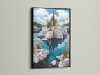 Add a touch of elegance to your bedroom with a lake landscape canvas print. This stunning piece is displayed in a black frame. The water reflection in this outdoor scenery artwork adds depth. Perfect for creating a tranquil retreat in your home.