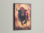 Artwork of a Bull in a black frame. The dark black color creates a bold statement. The artwork is displayed with a dramatic effect. Our black frames add sophistication to your favorite pieces. Make a statement with our black frames.