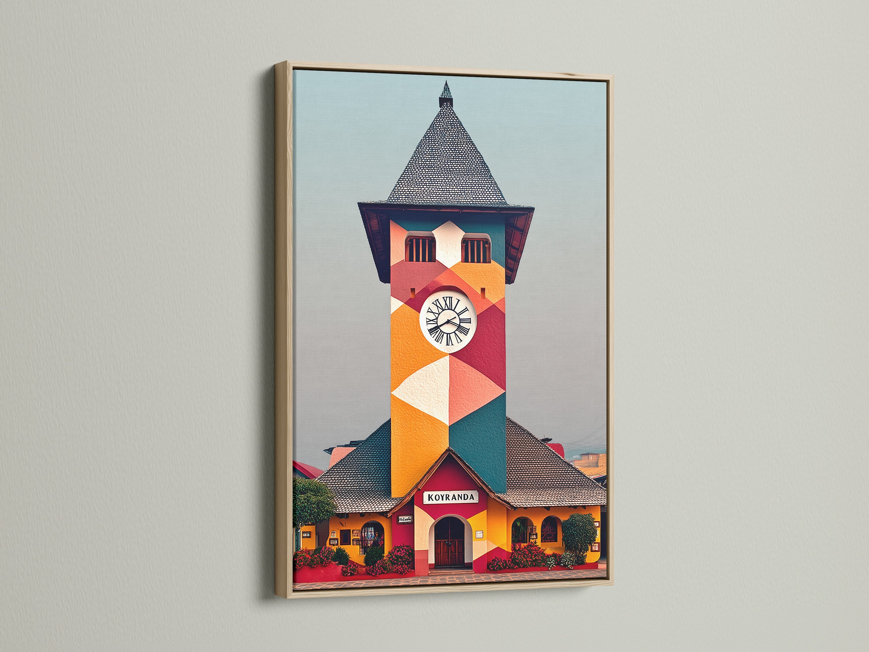 A vibrant geometric clock tower artwork is beautifully presented in an oak frame. This building canvas adds a touch of color to any room. Perfect as a retro art print or town clock art. Enhance your space with this unique piece.