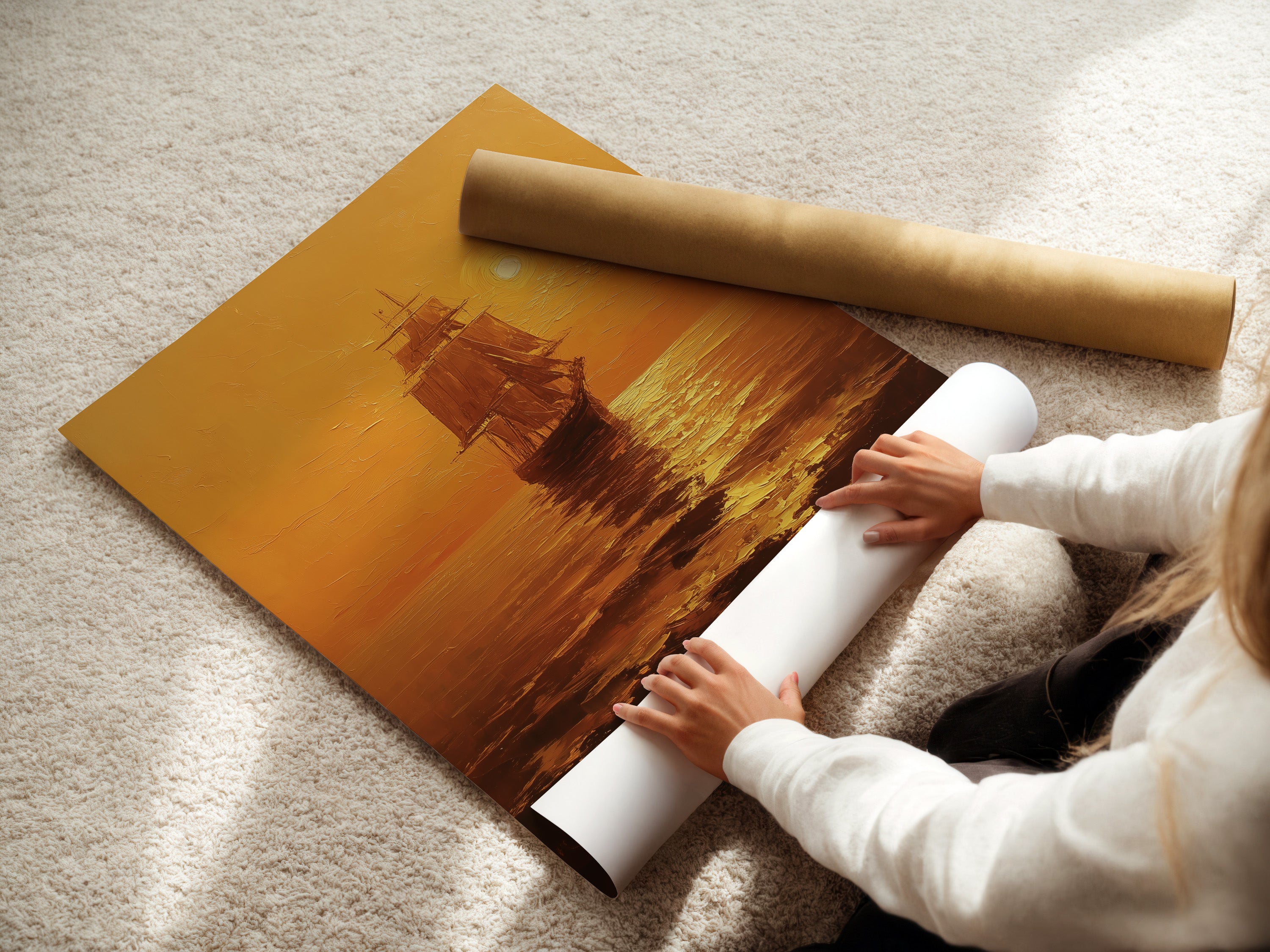 A woman carefully rolls a fine art poster paper. The seascape artwork shows a ship sailing on the water. The fine art paper ensures exceptional print quality. The artwork is preserved for years to come. Perfect for art enthusiasts and collectors.