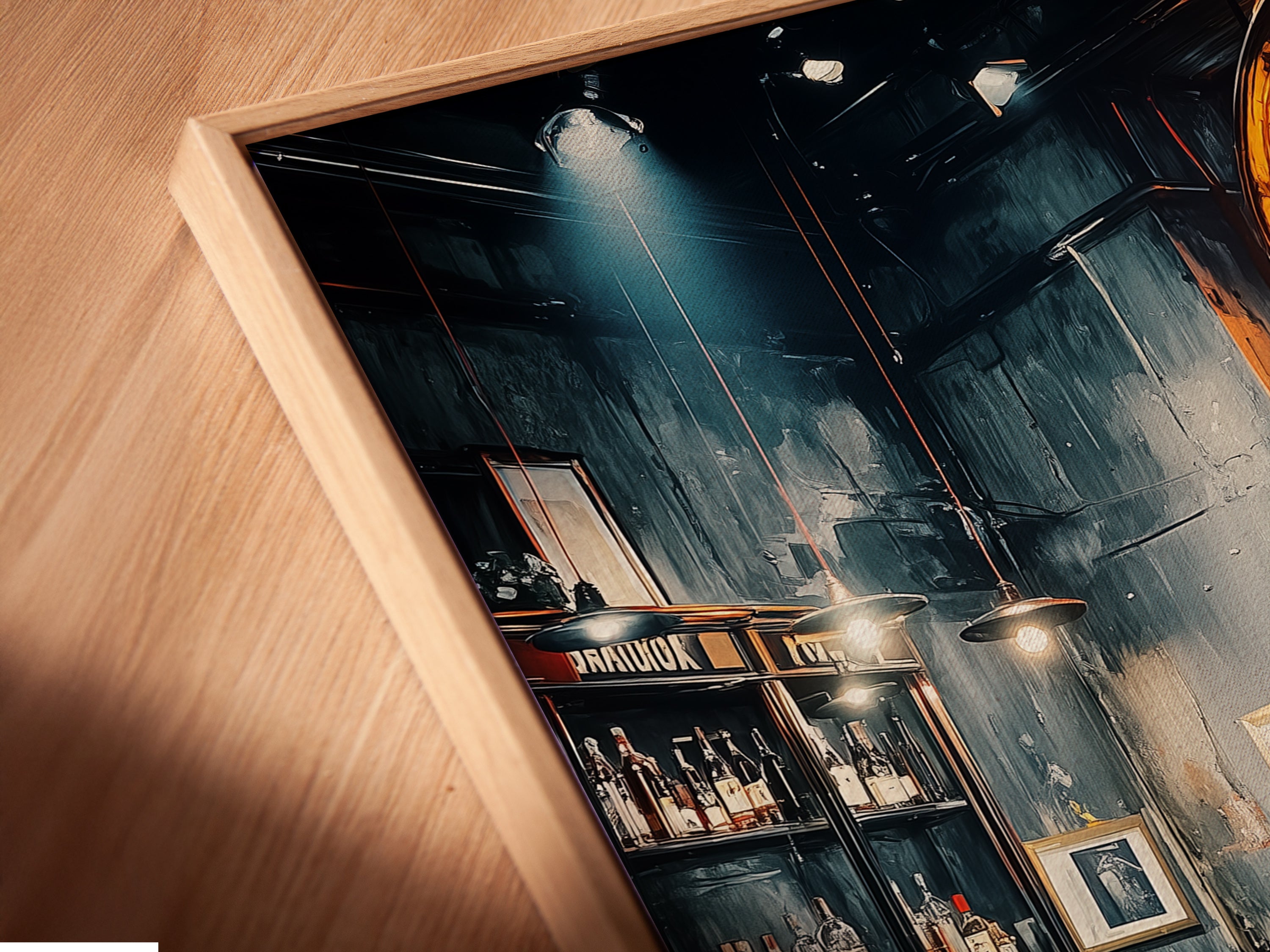 Angled close up of a Vintage Bar Canvas Print. It's displayed in a floating frame. The modern frame style highlights the art. The artwork features a moody restaurant scene. It adds depth and character to any wall.