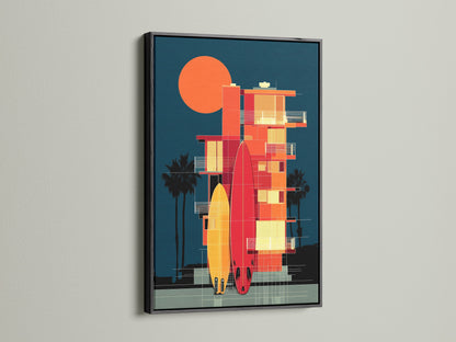 A black frame showcases a unique surfboard artwork print. This coastal architecture poster brings a vintage surf art feel. The retro beach house wall art enhances a 70s aesthetic. Ideal for spaces needing sunny art prints. It is perfect for creative workspaces.