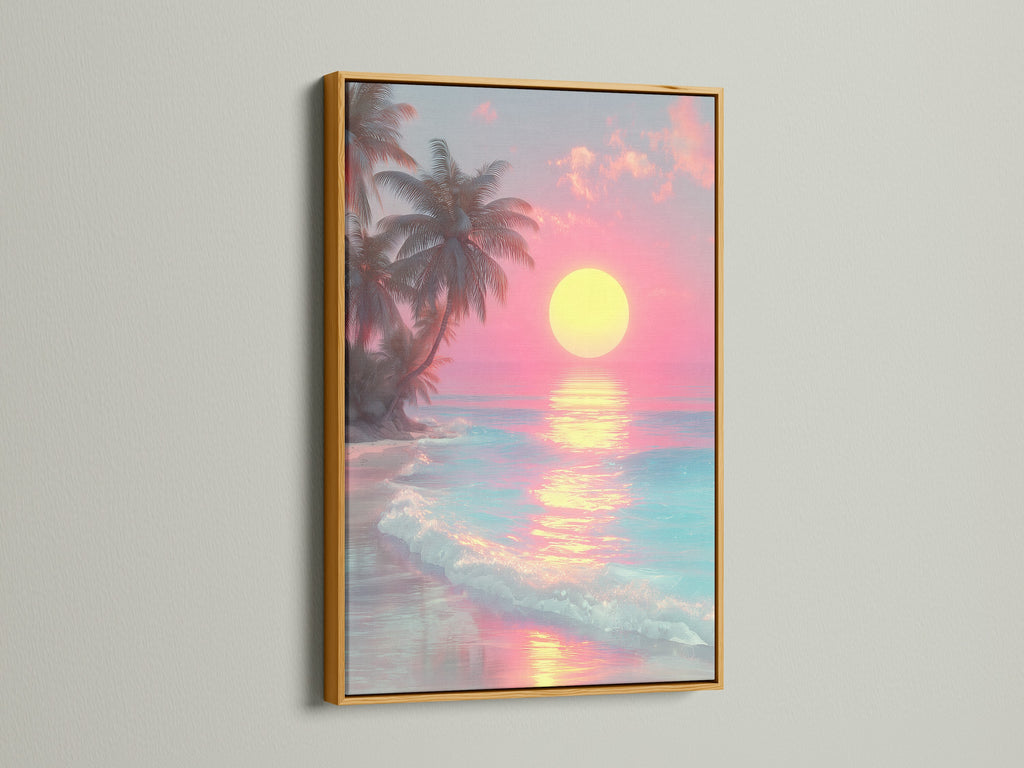Artwork of a sunset beach scene in a gold frame. The artwork captures a bright sun and gentle waves. The gold frame adds a touch of elegance. This piece brings warmth and vibrancy to any room.
