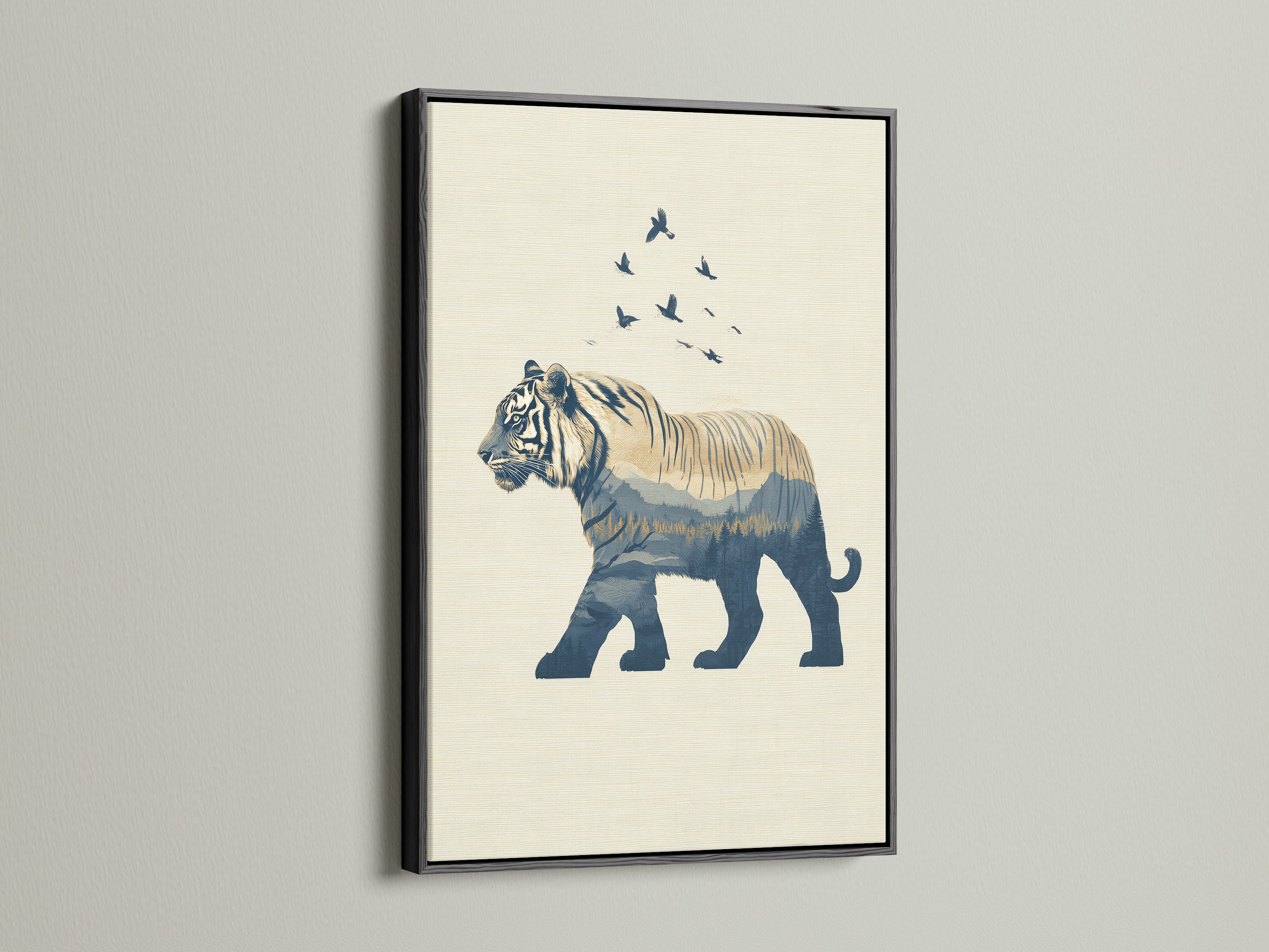 The black frame adds a touch of sophistication to this wildlife art. The blue tiger artwork gains depth and contrast. Perfect for a bold statement in your office wall decor. This minimalist animal art is ideal for modern spaces. Explore the elegance of silhouette art.