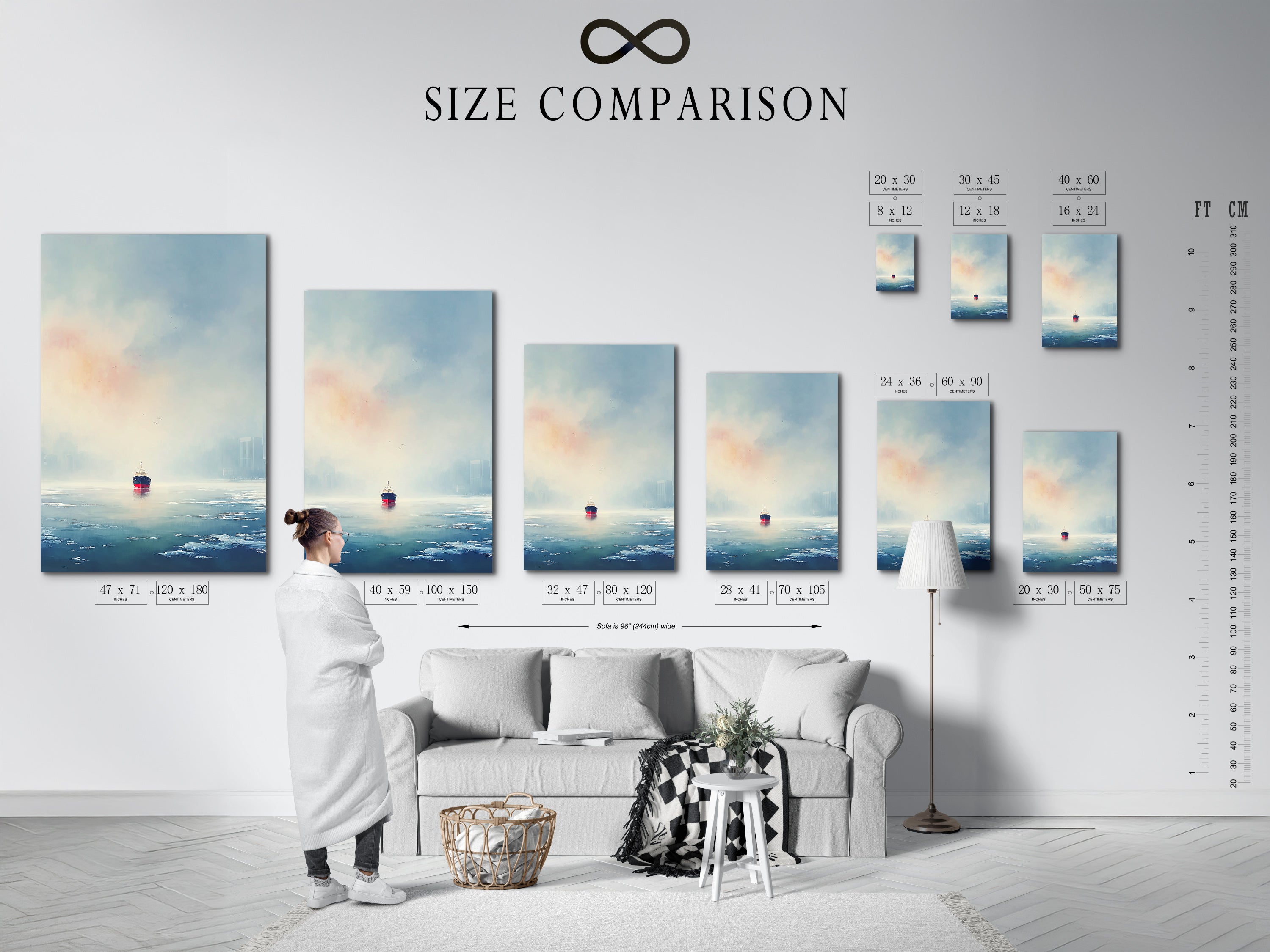 The image shows a size comparison chart in an interior setting. It showcases how different sizes of the ocean liner artwork fit in a room. Use this chart to visualize the perfect fit for your space. This calming maritime painting is ideal for living rooms bedrooms offices studios lobbies clinics cafés and boardrooms