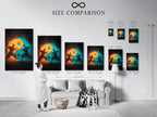 The image displays a size comparison chart in an interior setting. This chart helps visualize art print dimensions. The chart helps to compare the size of art in a room. Choose the perfect size for your space. This ensures an ideal fit for your decor.