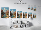 A size comparison chart displayed in an interior setting. Compare different sizes to find the perfect fit. The art chart helps visualize artwork dimensions. See how the sizes look on a wall. This chart helps you make informed decisions. Visualize now