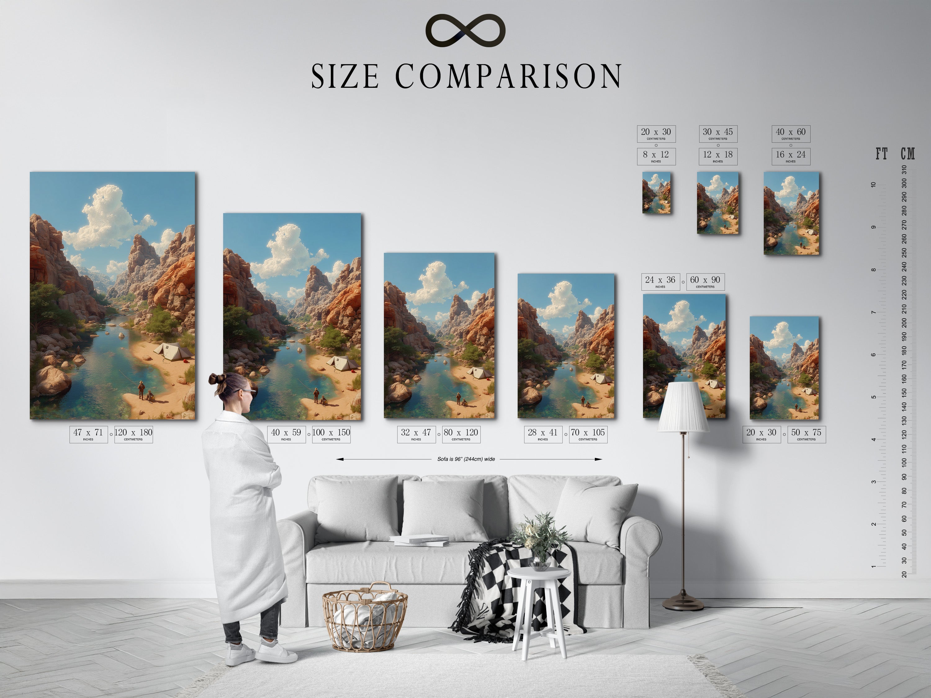 A size comparison chart displayed in an interior setting. Compare different sizes to find the perfect fit. The art chart helps visualize artwork dimensions. See how the sizes look on a wall. This chart helps you make informed decisions. Visualize now
