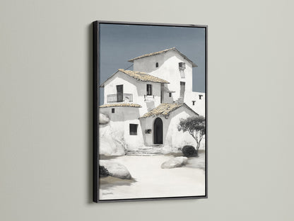 Minimalist Mediterranean house art in a sleek black frame. The coastal architecture wall art is a statement piece for any room. The white building art complements office decor and home settings. Browse our selection for elevated neutral home art today.