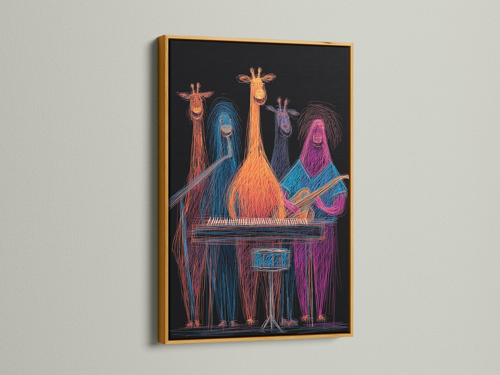 The gold frame showcases the giraffe band art. It is colorful music wall decor. The neon animal musicians print is vibrant. Ideal for a music studio or kids' room. This animal band canvas is quirky. It adds a playful touch. Discover funky animal prints.