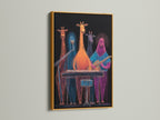 The gold frame showcases the giraffe band art. It is colorful music wall decor. The neon animal musicians print is vibrant. Ideal for a music studio or kids' room. This animal band canvas is quirky. It adds a playful touch. Discover funky animal prints.