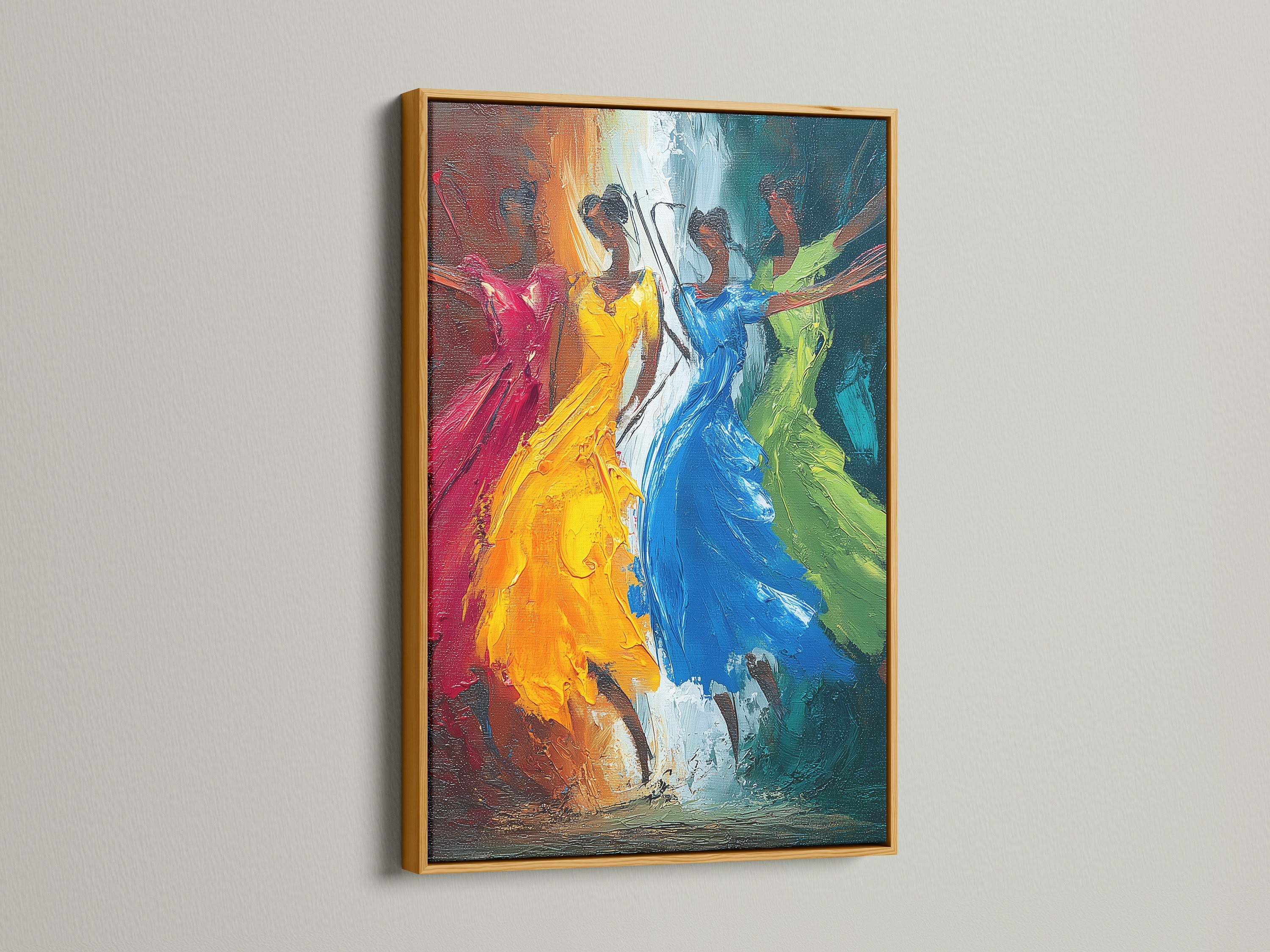 Dancing Figures colorful abstract artwork in a luxurious gold frame. This vibrant movement wall artwork adds a touch of opulence to your home decor. It is perfect for creating an eye-catching focal point.
