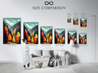 Size comparison chart in an interior setting. It showcases the Autumn Forest artwork in various dimensions. See how this mountain landscape wall art fits your space. Visualize the impact of fall colors in your home or office easily.