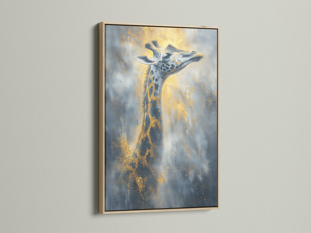 The giraffe artwork is showcased in a natural oak frame. The frame enhances the wildlife art. This savanna print adds a touch of safari to your decor. A great animal art for any room.