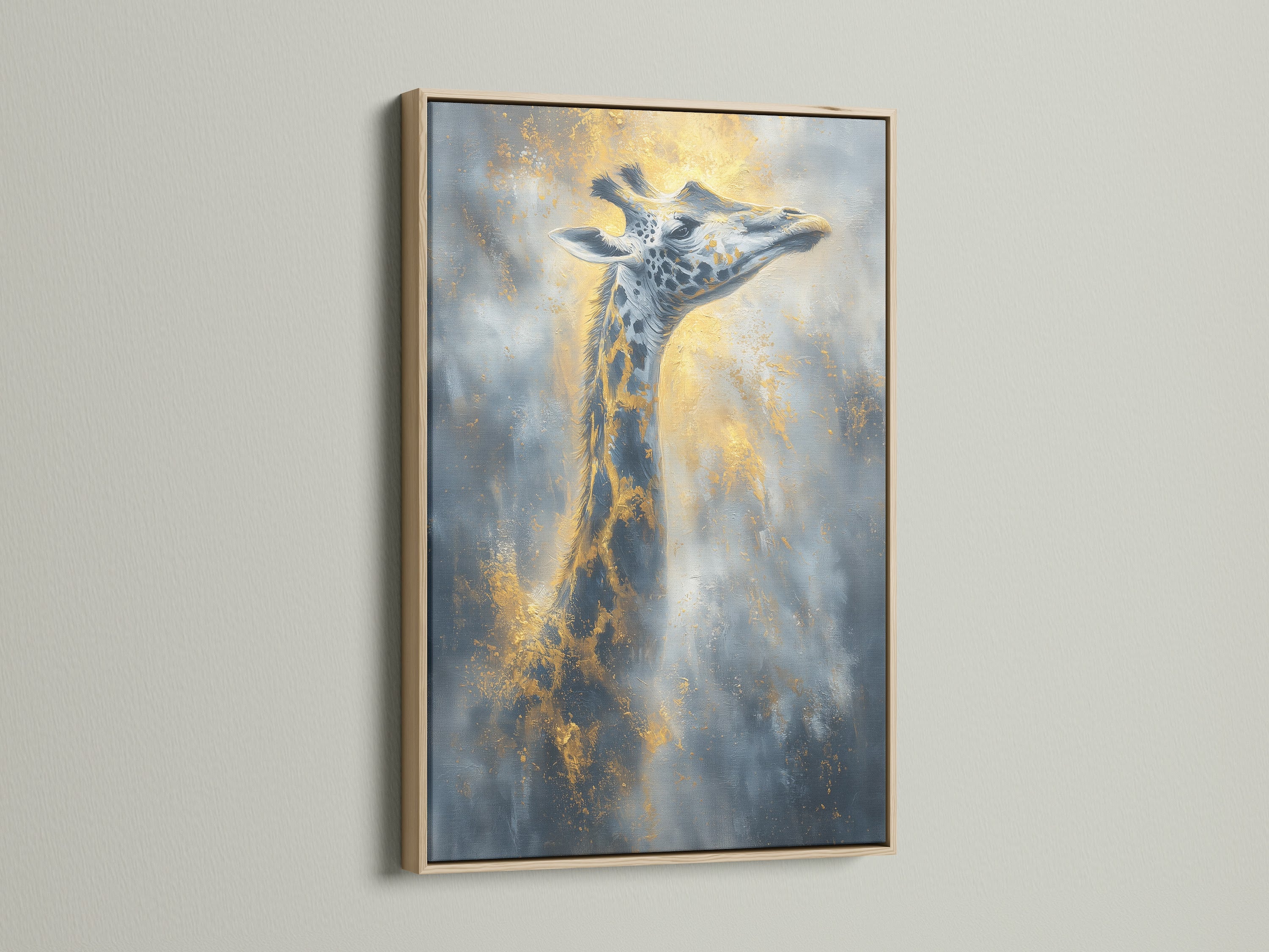 The giraffe artwork is showcased in a natural oak frame. The frame enhances the wildlife art. This savanna print adds a touch of safari to your decor. A great animal art for any room.