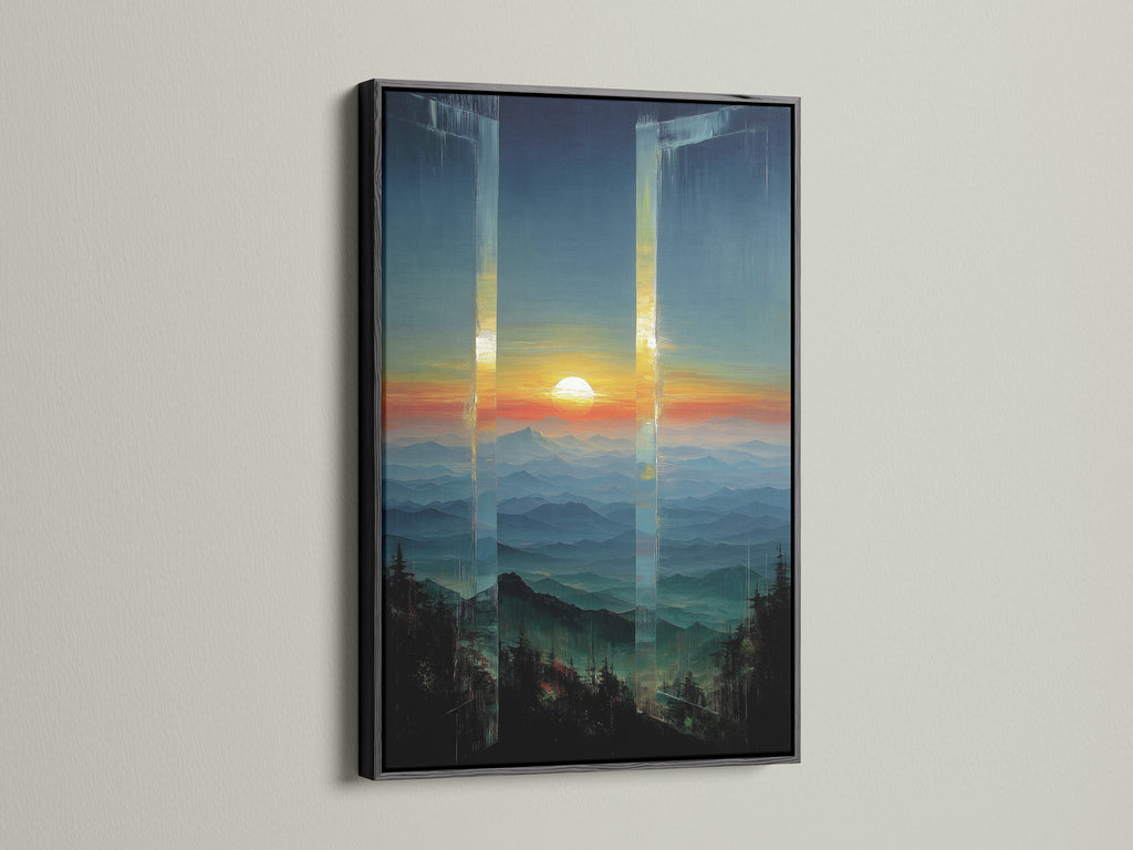 Mountain Sunset Canvas Artwork with a black frame. The black frame provides a bold contrast to the colorful sunset canvas. Teal and orange abstract art adds a modern touch. Great for creating a focal point.