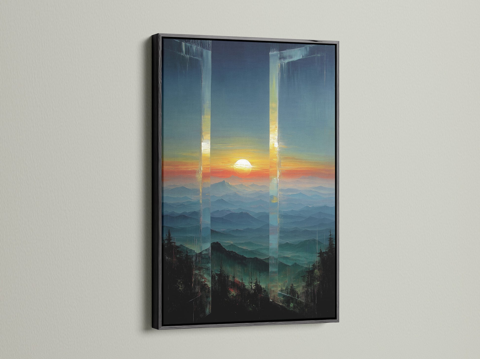Mountain Sunset Canvas Artwork with a black frame. The black frame provides a bold contrast to the colorful sunset canvas. Teal and orange abstract art adds a modern touch. Great for creating a focal point.