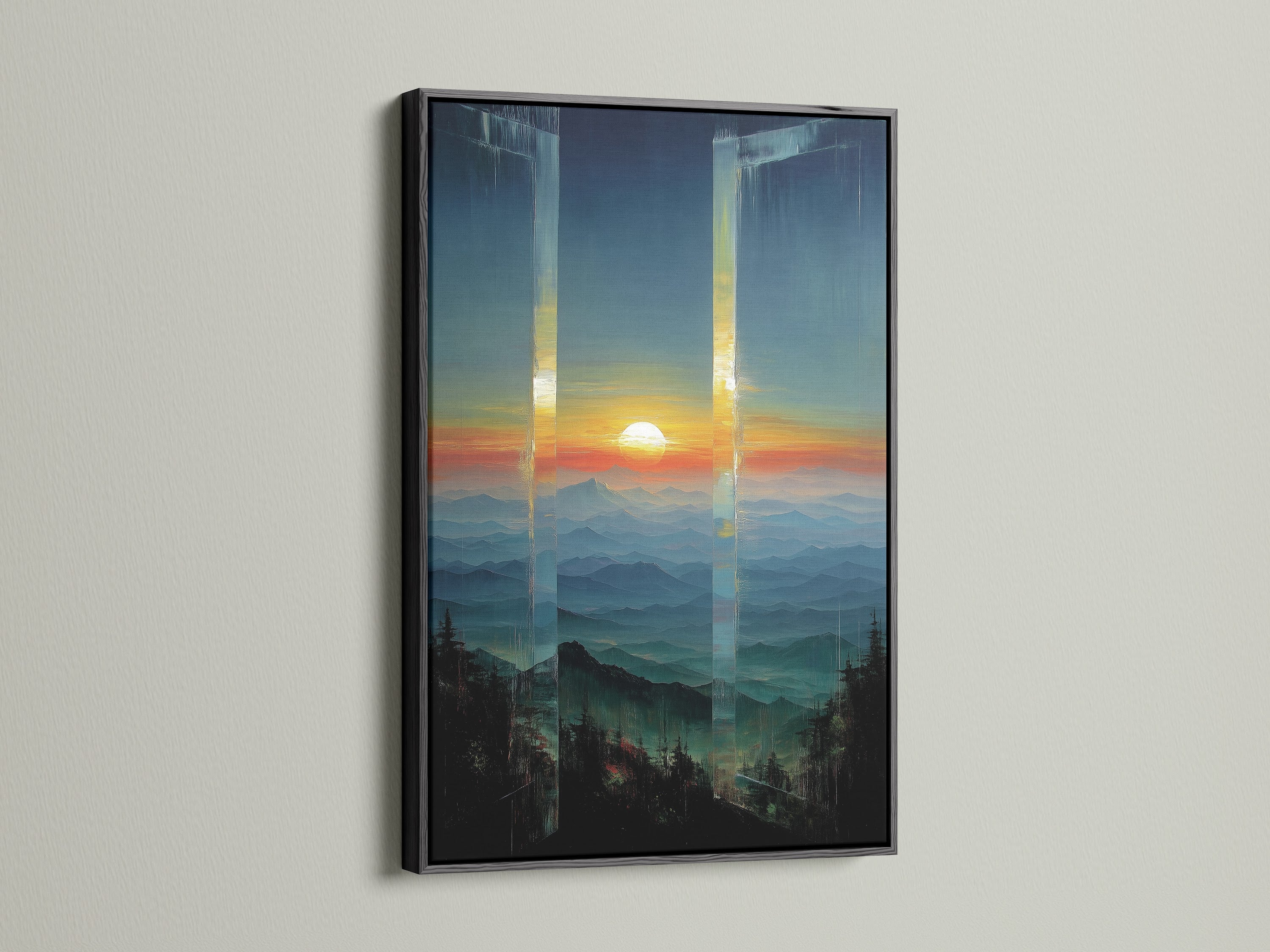 Mountain Sunset Canvas Artwork with a black frame. The black frame provides a bold contrast to the colorful sunset canvas. Teal and orange abstract art adds a modern touch. Great for creating a focal point.
