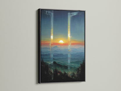 Mountain Sunset Canvas Artwork with a black frame. The black frame provides a bold contrast to the colorful sunset canvas. Teal and orange abstract art adds a modern touch. Great for creating a focal point.