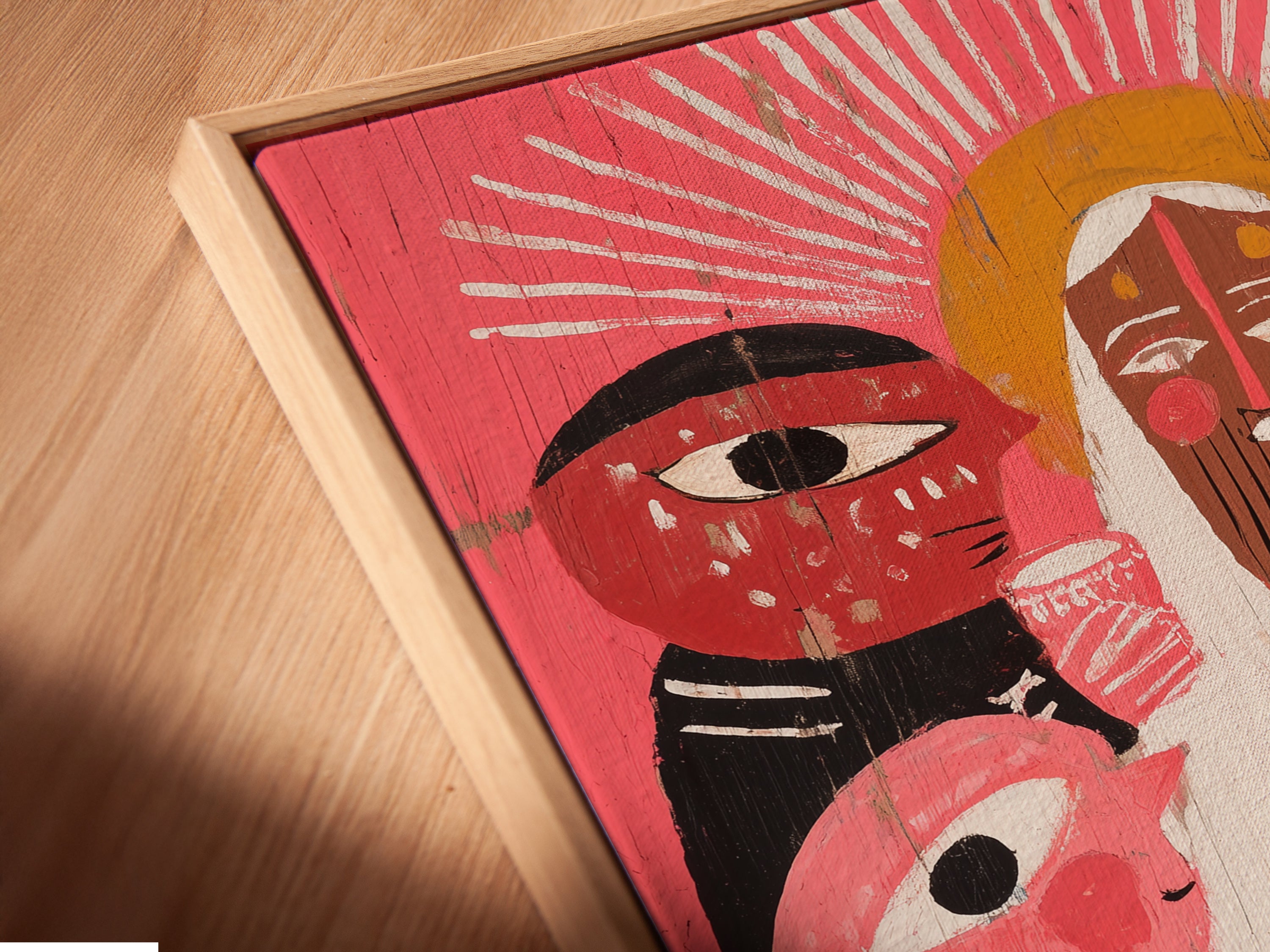 The Religious Family Art is displayed in a floating frame. It's an angled close up of a canvas print. The Modern Folk Wall Art adds color to any room. This is spiritual art and primitive art.