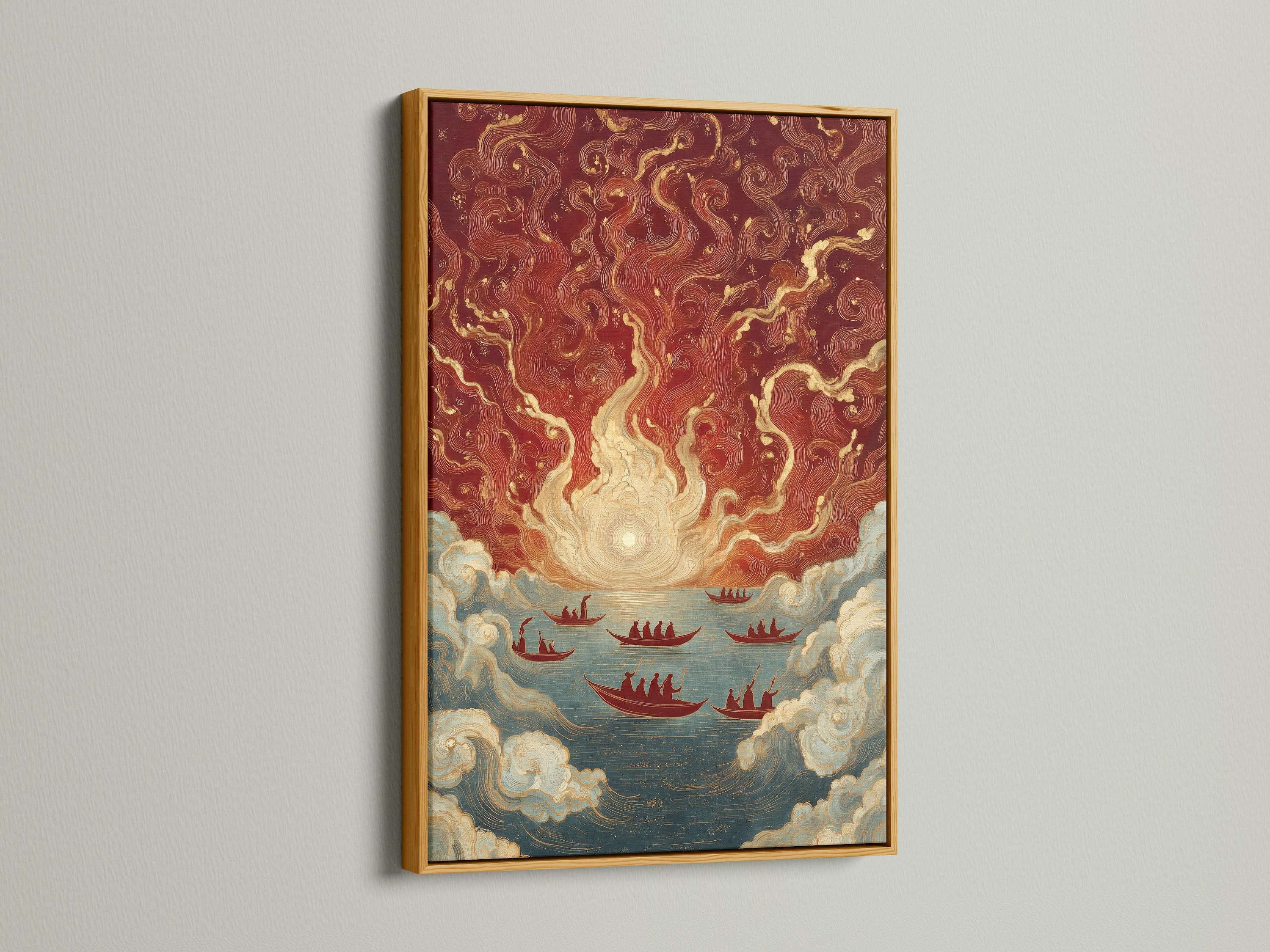 Bring a touch of luxury with Asian Maritime artwork in a gold frame. This vintage sea art showcases traditional Chinese ships. Its red and gold colors create a stunning nautical accent. Enhance your coastal or tropical style.