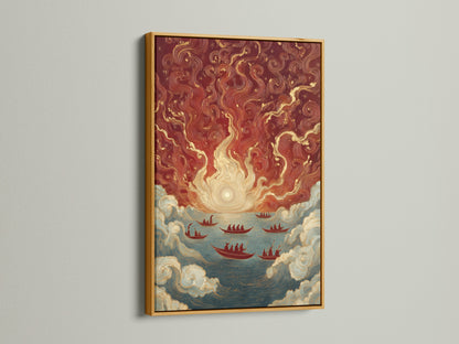 Bring a touch of luxury with Asian Maritime artwork in a gold frame. This vintage sea art showcases traditional Chinese ships. Its red and gold colors create a stunning nautical accent. Enhance your coastal or tropical style.