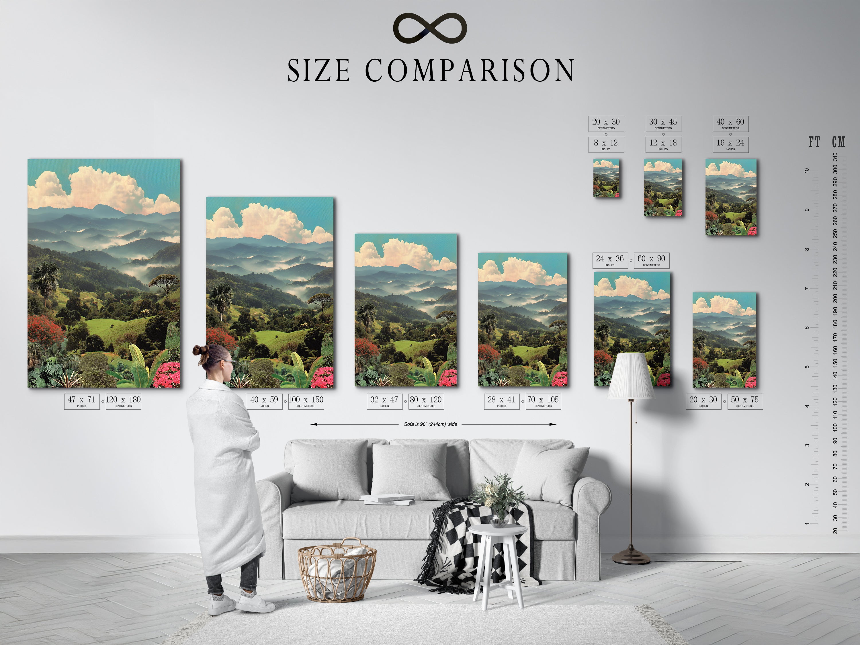Size comparison chart in an interior setting. The chart showcases available artwork sizes. Choose the perfect size for your tropical landscape canvas print. Find the ideal fit for your botanical scenery artwork.